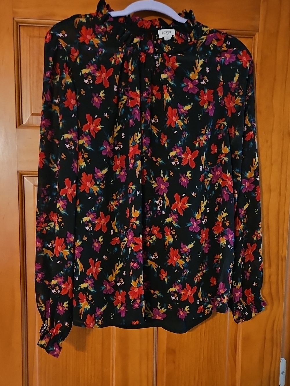 J. Crew Black Floral Ruffle-Neck Long-Sleeve Blouse with Red and Purple Blooms